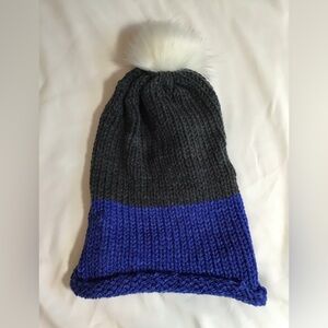 Stylish Gray and Blue Knit Pom-Pom Beanie Hat